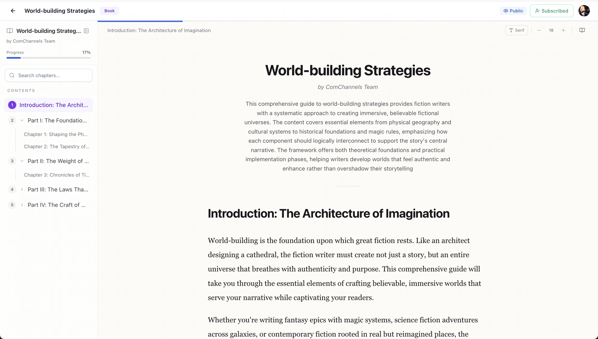 Book shape — a public Channel titled "World-building Strategies" opened to its introduction with a Contents sidebar and reading progress.